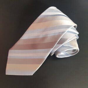 Mexx Silk Men's Diagonal Striped Necktie, Blue, Tan, Grey & White